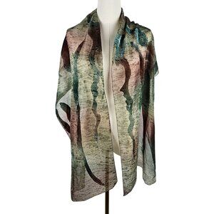 Abstract Long Silk Scarf With Applique Earth Tone Watercolor Splatter Design